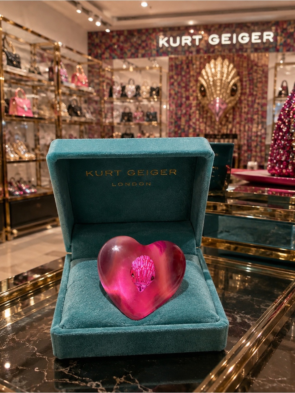 Kurt Geiger Hot Pink Heart Crystal Ring in Branded Box S/M